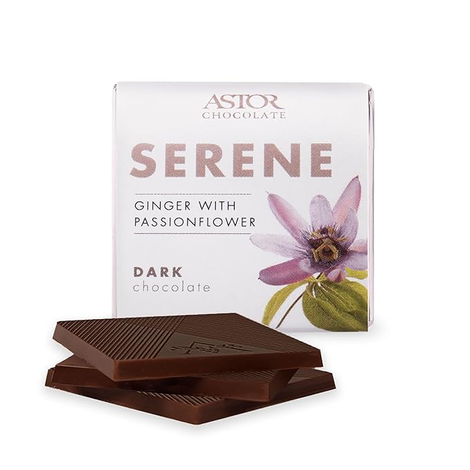Astor Chocolate Serene Dark Chocolate Ginger with Passion Flower Squares Gift, Chocolate Lover Mini Bar Box, 18pc Individually Wrapped Chocolate Basket, 0.33oz Each Minibar Gourmet, Candy Holiday Bars