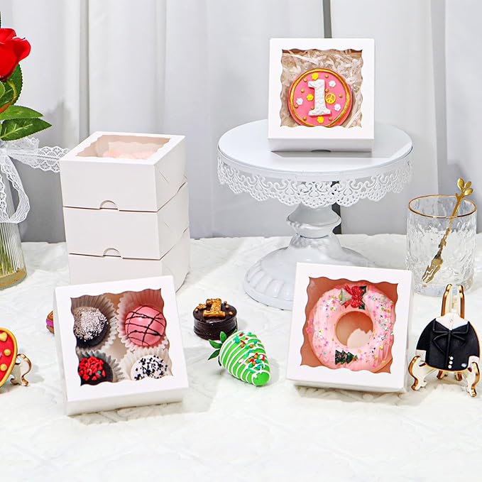 JCXGRVC 100Pack 4x4x2 Inch White Simple Elegant Bakery Boxes with Window Treat Boxes Truffle Boxes for Party Wedding Favor Mother's Valentine's Birthday Day