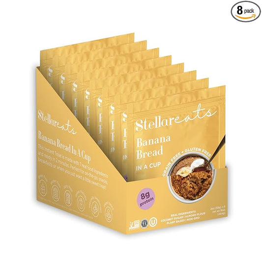 Stellar Eats Grain-Free Banana Bread Instant Treat in a Cup | Single-Serve | 8g Protein | Gluten-Free, Dairy-Free, Plant-Based, Paleo-Friendly | Made with 7 Real Ingredients | 8 Pack
