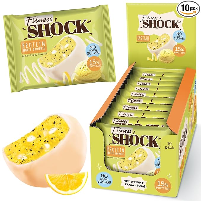 FitnesSHOCK Protein Brownie White Chocolate, No Added Sugar, 15%/7,5g Protein, 233kcal, Pre/Post Workout Snack - No Palm Oil, Filling dietary fibre, 10x50g - Poppy seeds and lemon flavour