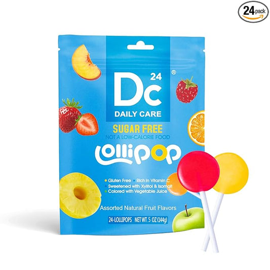 DC24 DAILY CARE Lollipops, Sugar free Suckers, Rich in Vitamin C Pops, Anti Cavity, Natural Fruit Assorted Flavors 24 Lollipops for Kids, Allergy Friendly, Gluten Free, Non-GMO, 5 OZ