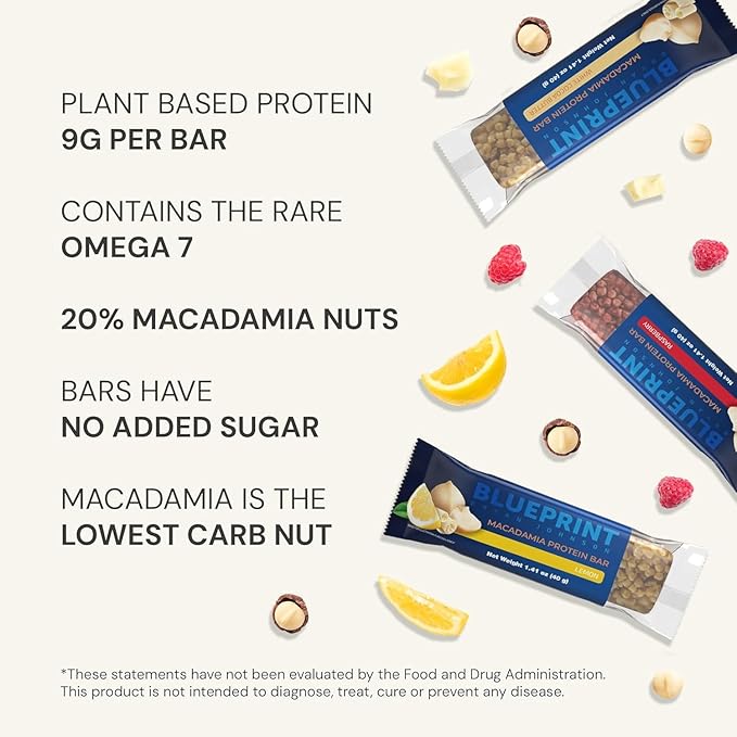 Blueprint Bryan Johnson Macadamia Nut Protein Bars – Variety Pack Protein Bars - Lemon, White Cocoa & Raspberry – Vegan, Low Sugar, Keto-Friendly Snacks – Non-GMO, Raw Nut Bar– 9g Protein – 12 Pack
