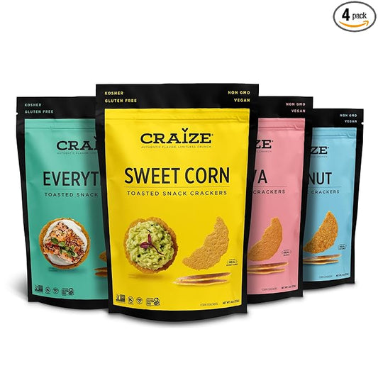 Craize Classics Sampler | Sweet Corn, Coconut, Everything, Guava Crisps | Gluten Free, Vegan, Kosher, Toasted Corn Crackers | 4 pack, 4 oz each