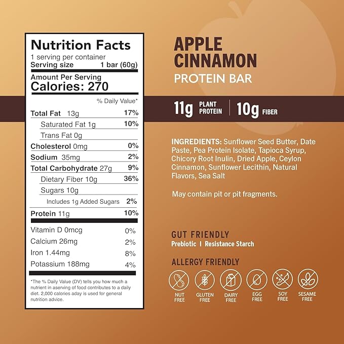 Amrita Nut Free Apple Cinnamon Vegan Protein Bars (12 Count PK of 3) | 11g Plant-Based Protein Bar | Peanut Free, Gluten Free, and Dairy Free | Low Sugar, High Fiber, Healthy School-Safe Snacks