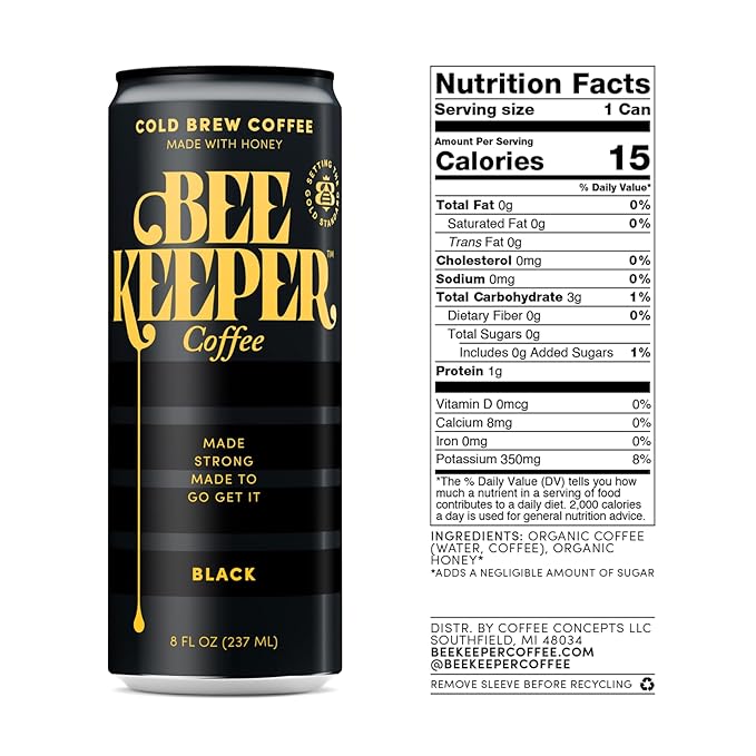 Beekeeper Black Cold Brew Coffee Drinks with Oregon Honey | 12 Pack Refreshing Iced Coffee - Unsweetened & Strong Arabica Brew, 8 fl oz Ready-to-Drink Can - 180mg Natural Caffeine