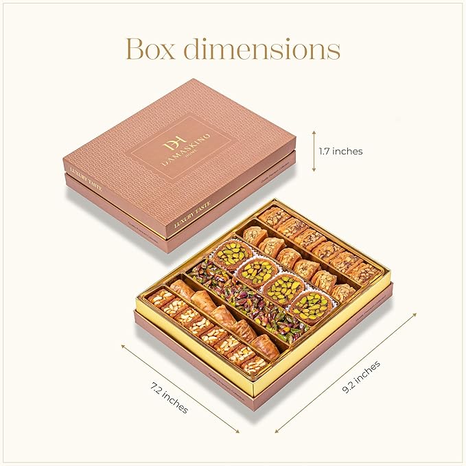 Damaskino Home Assorted Turkish Baklava Gift Box – 1.1lb (500g) 35 Pieces – Traditional Pistachio Baklava Pastry with Walnut & Cashew Fillings – Authentic Middle Eastern Sweets – Pistachio Gift Box