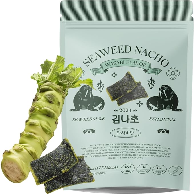 Korean Food SEA*ART Wasabi Flavored Seaweed Snacks – 40g (1.41oz) Zipper Pack – Bold Wasabi Kick, Crispy & All-Natural, Vegan Fusion Gourmet Sea Vegetable Treat, 부각, 김나초