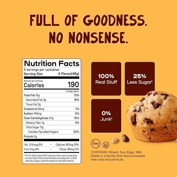 Muffinful Triple Chocolate Chip Mini Muffins – Bakery Fresh Bite-Sized Treats – 60 Muffins Total (15 Packs of 4) – Less Sugar, Nothing Artificial, Individually Wrapped