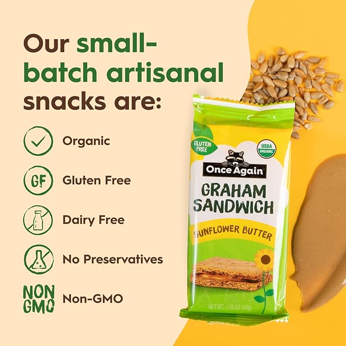 Once Again Sunflower Butter Graham Sandwiches - Gluten Free Snacks for Kids & Adults - Sandwich Crackers with Organic Sunflower Seed Butter - Vegan, Nut Free Snacks for Lunch & School, 24 Count
