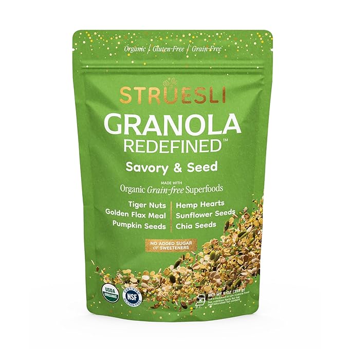 Struesli Savory + Seed Organic Granola, Nut, Grain & Gluten Free, Healthy Snacks with Pumpkin, Sunflower & Chia Seeds, Hemp Hearts, Flax, Tiger Nuts & Sea Salt, Plant Based, Keto & Paleo, 9 Oz