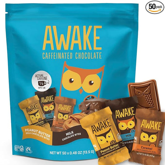 AWAKE - Caffeinated Chocolate Bites - 50mg Caffeine - Variety Pack (3 Flavors), 50 Bites - Peanut Butter, Milk, & Caramel - Energy Bites - Coffee Alternative - Fairtrade, Gluten Free, Non GMO - 0.48oz