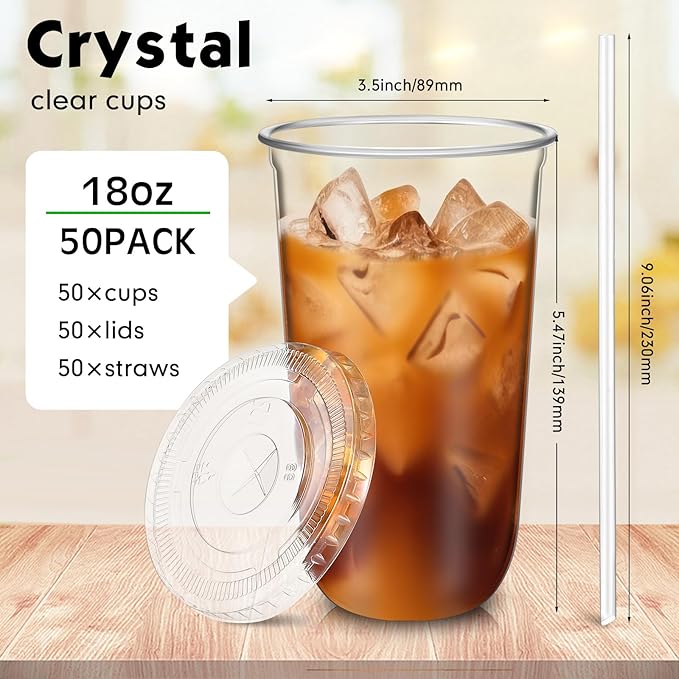 Ziliny 50 Sets Clear Plastic Cups with Lids and Straws, Disposable Iced Coffee Cups Drinking PET for Cold Drinks, Juice, Smoothie, Coffee Shops, Party, Christmas(Clear,18 oz)