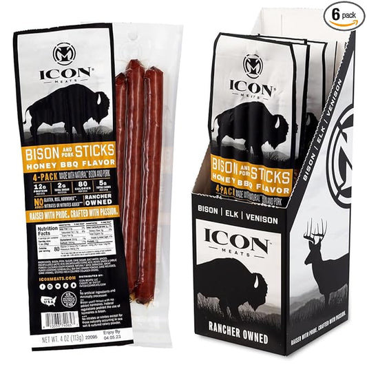ICON Meats Bison and Pork Snack Sticks, Honey BBQ, 6 Pack High Protein Snacks, 4 Meat Sticks per Pack, Low Sugar, Gluten Free, Natural, USDA Inspected, Made in the USA, Gifts & Stocking Stuffers