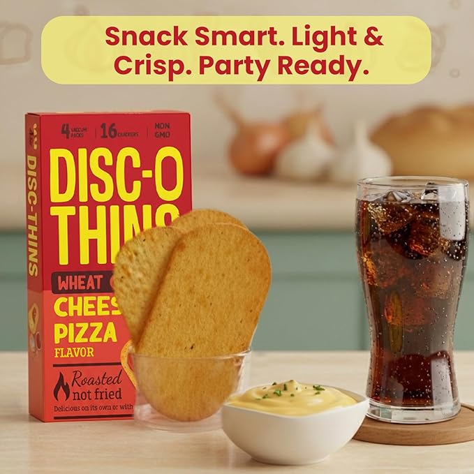 Disc-O Thins Whole Wheat Crackers - Crunchy Roasted Snack, High-Fiber & Low-Fat On-the-go Snack Chips, 96pcs (Cheese Pizza) - Healthy Family Travel Snack, Non-GMO - Great with Salsa, Cheese, Charcuterie Boards