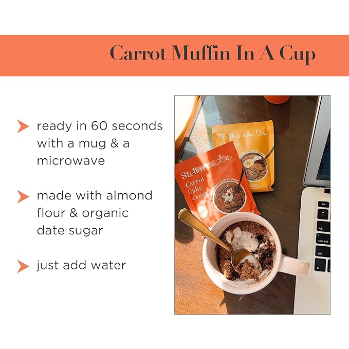 Stellar Eats Grain-Free Carrot Muffin Instant Treat in a Cup | Single-Serve | 7g Protein | Gluten-Free, Dairy-Free, Plant-Based, Paleo-Friendly | Made with 9 Real Ingredients | 8 Pack