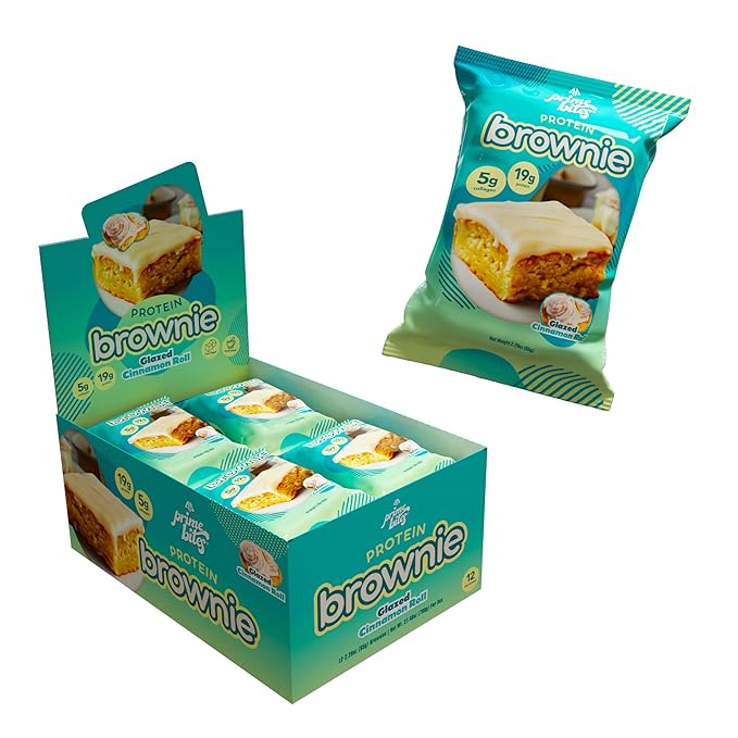Prime Bites High Protein Brownie (12 Per Box, Glazed Cinnamon Roll) - 19g of Protein, 5g of Collagen, Gluten Free, Low Sugar Treat, Delicious Protein Snack