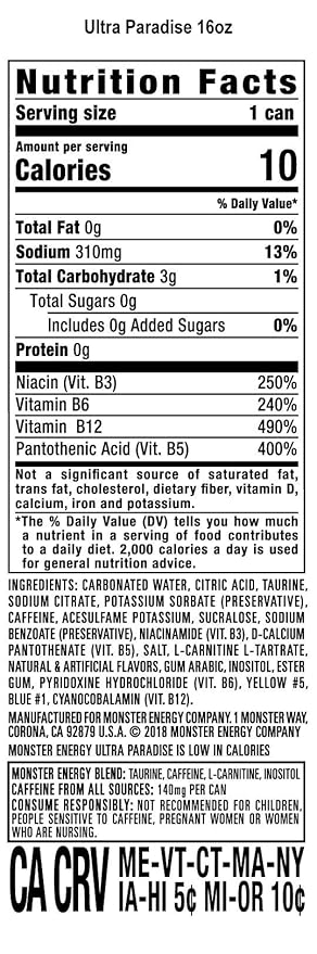 Monster Energy Ultra Paradise, Sugar Free Energy Drink, 16 Ounce | Pack of 15