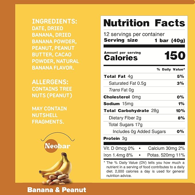 NEOBAR Fruit and Nut Bars - Plant-Based Vegan Snack Bars, Gluten Free Dairy Free Snacks, No Added Sugar, No Preservatives, Non-GMO | Banana & Peanut,12 Count