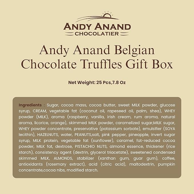 Andy Anand Chocolatier Belgian Chocolate Truffles Gift Box Handcrafted Gourmet Chocolate European Imported Chocolate Truffles Perfect as Chocolate Gifts For Women (25 Pcs,7.8 Oz)