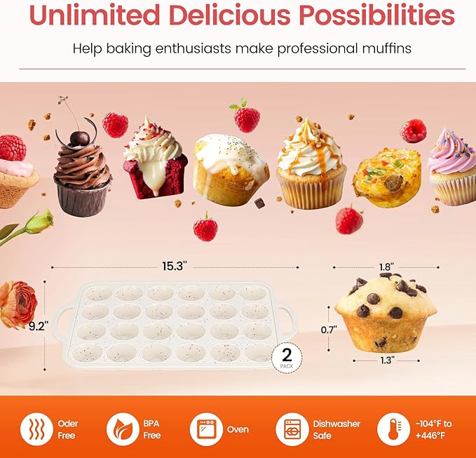 Fimary Silicone Muffin Pans With Metal Reinforced Frame - 24 Cups Durable Silicone Baking Pan for Muffins, Cupcakes, BPA Free and Dishwasher Safe - Beige with Rainbow Spots, Set of 2