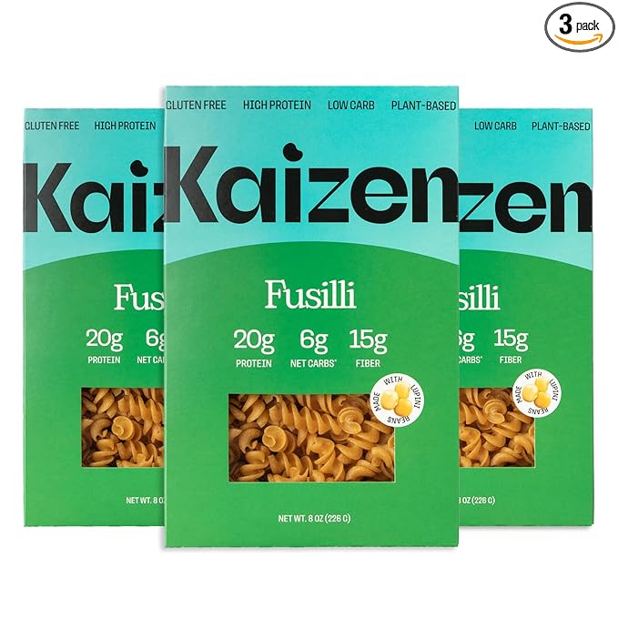 Kaizen Low Carb Keto Pasta Fusilli - High Protein (20g), Gluten-Free, Keto-Friendly (6g Net), Plant-Based Lupini Noodles made w/High Fiber Lupin Flour - 8 ounces (Pack of 3)