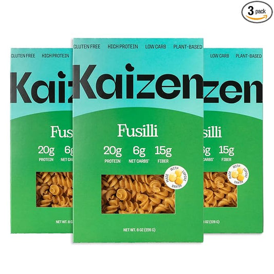 Kaizen Low Carb Keto Pasta Fusilli - High Protein (20g), Gluten-Free, Keto-Friendly (6g Net), Plant-Based Lupini Noodles made w/High Fiber Lupin Flour - 8 ounces (Pack of 3)