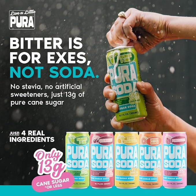 PuraSoda® Cranberry | Low-Calorie, Cane Sugar Soda Beverage | Non-GMO, Vegan | Made with Pure Cane Sugar, Clean & Refreshing | 10.1 fl oz (300ml) Cans, Pack of 24