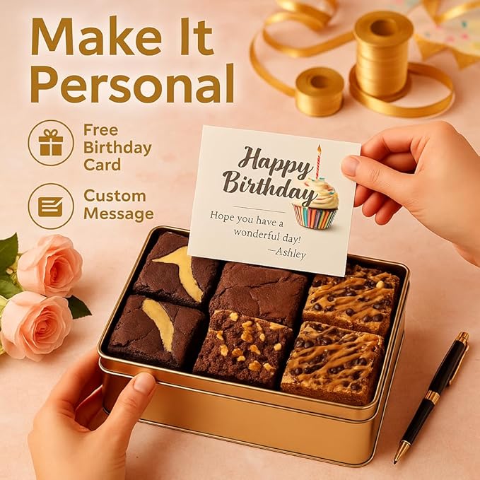 Birthday Gift Basket for Women - 18 Individually Wrapped Brownies Freshly Baked in a Variety of Flavors - Dulcet's Signature Flavored Fudge Brownies - Gift Box Comes with Happy Birthday Card