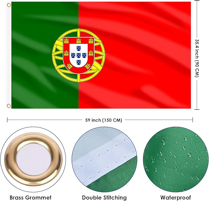 AhfuLife Portugal Flag 3x5 Ft, Portuguese Flag Large Portugal National Flags for Outside - Double Side with Brass Eyelets for Olympic Party Decorations, Bar Garden Street Decoration Indoor Outdoor