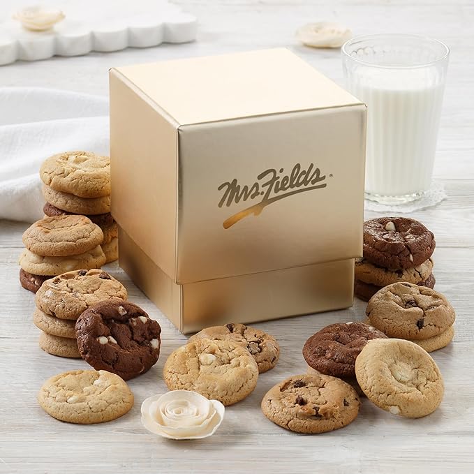 Mrs. Fields Golden Mini Cookie Box - Assorted with 24 Nibblers Bite-Sized Cookies in 4 Signature Cookie Flavors