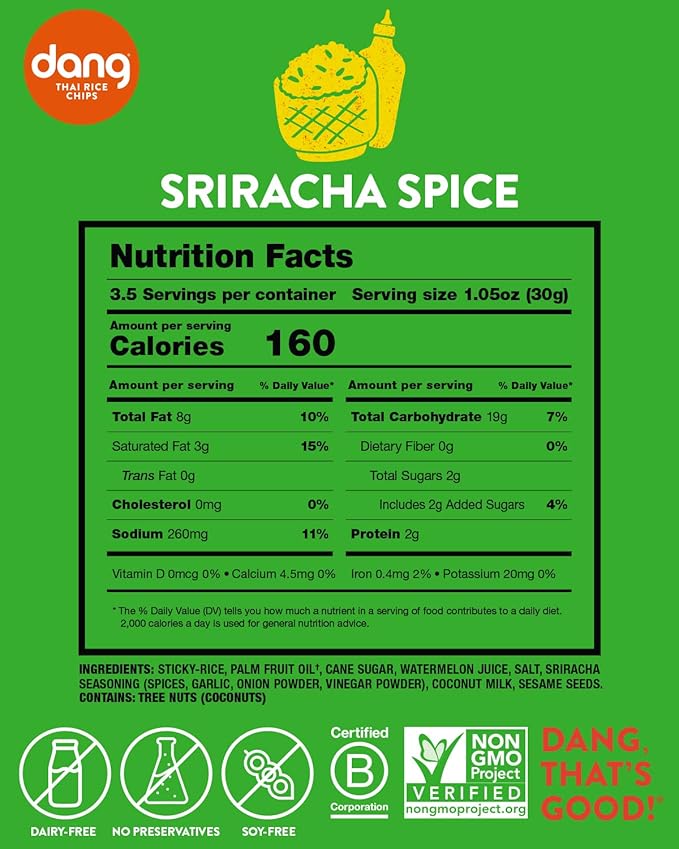 DANG Sticky Rice Chips | Sriracha Spice | 4 Pack | Vegan, Gluten Free, Non Gmo Rice Crisps, Healthy Snacks Made With Whole Foods | 3.5 Oz Bags