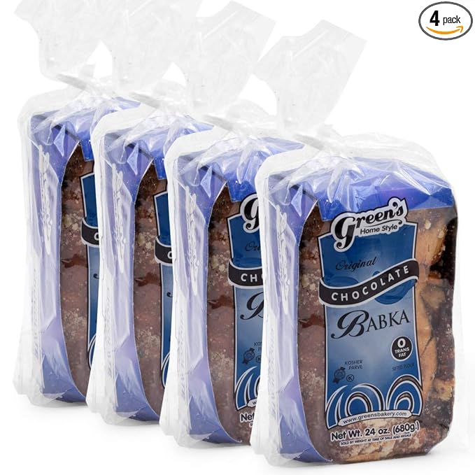 Green's Bakery Chocolate Loaf Babka, 4 Pack 24-oz. Fresh and Delicious, OK Certified Kosher and Pareve Babka Bread, Dairy Free and Nut Free