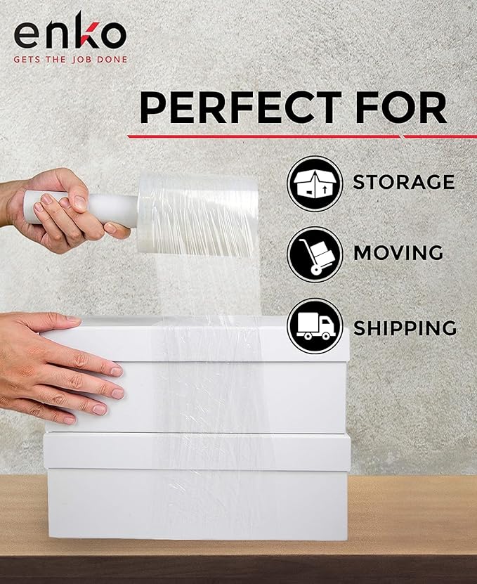 enKo 16 Pack 5" Mini Roll Stretch Film with Easy Grip Handle (16,000ft | 1000ft/Roll) - Includes 1,600pcs Fragile Labels