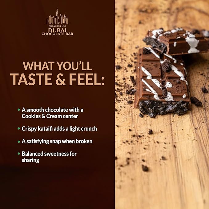 Dubai Chocolate Bar Cookies & Cream – 2.47oz Premium Chocolate with Cookies & Cream Filling and Crispy Kataifi – Dubai Knafeh Dessert Inspired – Made in USA (1 Pack)