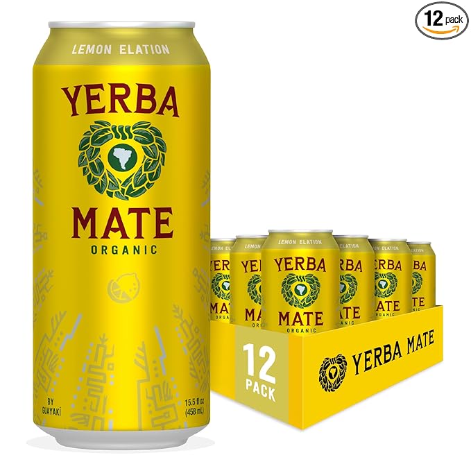 Yerba Madre Organic Yerba Mate, Energy Drink Alternative, Lemon Elation, 150mg Natural Plant Based Caffeine, Better for You Energy & Focus, No Jitters or Crash, 15.5 Oz (Pack of 12) (Packaging May Vary)