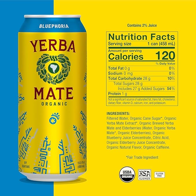 Yerba Madre Organic Yerba Mate, Energy Drink Alternative, Bluephoria, 150mg Natural Plant Based Caffeine, Better for You Energy & Focus, No Jitters or Crash, 15.5 Oz (Pack of 12) (Packaging May Vary)