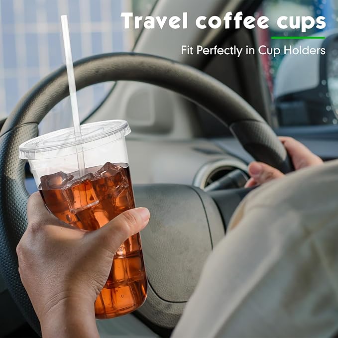 Ziliny 50 Sets Clear Plastic Cups with Lids and Straws, Disposable Iced Coffee Cups Drinking PET for Cold Drinks, Juice, Smoothie, Coffee Shops, Party, Christmas(Clear,20 oz)