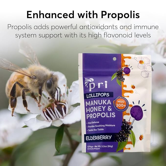 P.R.I Manuka Honey Lollipops with Propolis, Certified MGO 300+ – Throat Soothing, Elderberry Flavor, (24 Lollipops, 6.4oz)