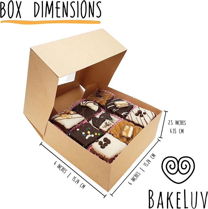BAKELUV 50 pcs Brown Bakery Boxes with Window 6x6x2.5 Inches Cookie Boxes, Pastry, Treats, Dessert, Small Cake, Brownie, Cupcakes, Chocolate Covered Strawberries | Auto-Popup |