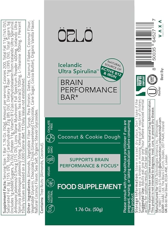 ORLO BRAIN PERFORMANCE BAR – Vegan Protein Bars for Brain & Energy Support – Focus & Memory, Pre & Post Workout Recovery – Gluten Free Snack with L-Theanine, Lions Mane, Spirulina & More (12 Bars)