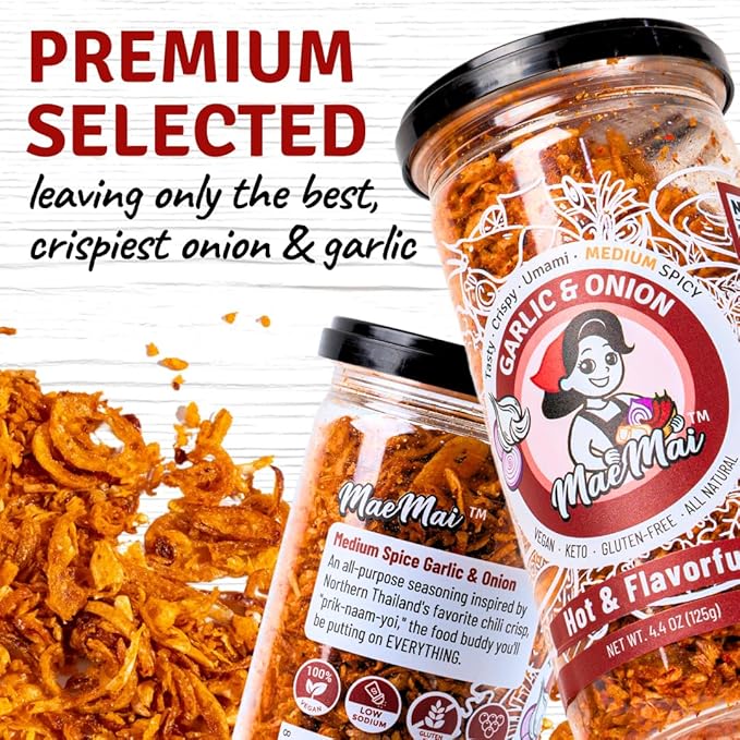 MaeMai Chili Crisp (MEDIUM HOT Spice) - Crunchy Spicy Onion & Garlic Flakes - All-Purpose Seasoning, Topper | Chili oil WITHOUT THE OIL. Crunchy condiment for ramen, rice, salad. 5.47 oz Resealable Bottle