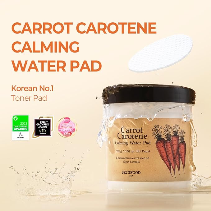 SKINFOOD Carrot Carotene Toner Pads, Hydrating & Soothing for Dry Skin, Instant Cooling, After Sun & Heat Care, Cotton Facial Toner Pads, Korean Skincare for Face (60 Counts)