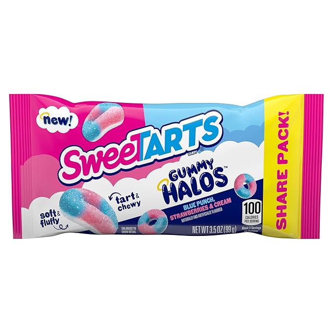 SweeTARTS Halos, Candy, Blue Punch and Strawberries and Cream, Tart and Chewy, Soft and Fluffy, 3.5 oz (12 count)