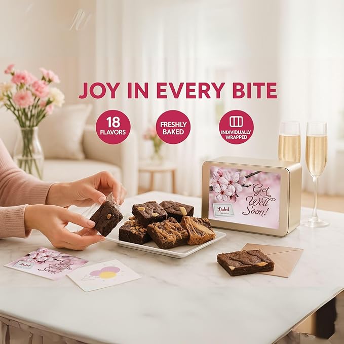 Get Well Soon Gift Basket - 18 Individually Wrapped Brownies Freshly Baked in a Variety of Flavors - Dulcet's Signature Flavored Fudge Brownies - Gift Box Comes with Get Well Card