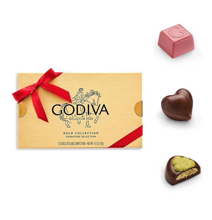 Godiva Red Ribbon Gold Assorted Chocolate Gift Box, Belgian Dark and Milk Chocolates with Pralinés, Ganaches & Caramels, Gourmet Valentine's Day Gift, Kosher, 15 Pc