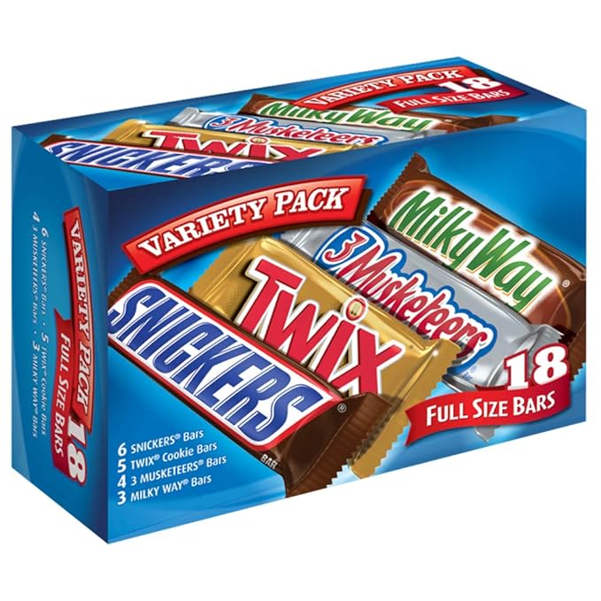 SNICKERS, TWIX, MILKY WAY & 3 MUSKETEERS Individually Wrapped Variety Pack Full Size Milk Chocolate Candy Bars Bulk Assortment, 33.31 oz, 18 Bars