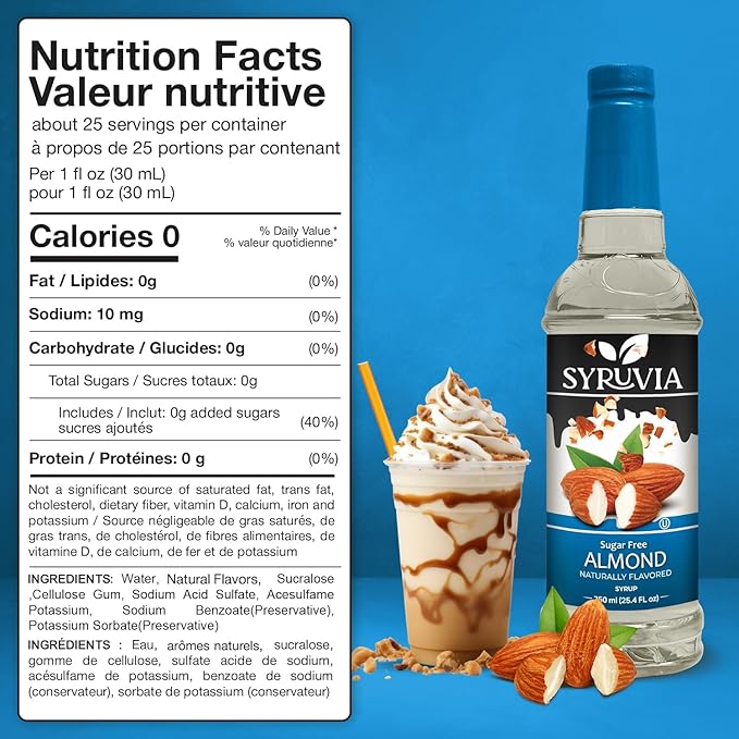Syruvia Sugar Free Coffee Syrup, Almond Flavored Syrup for Drinks, Lattes, and Desserts – 25.4 fl oz