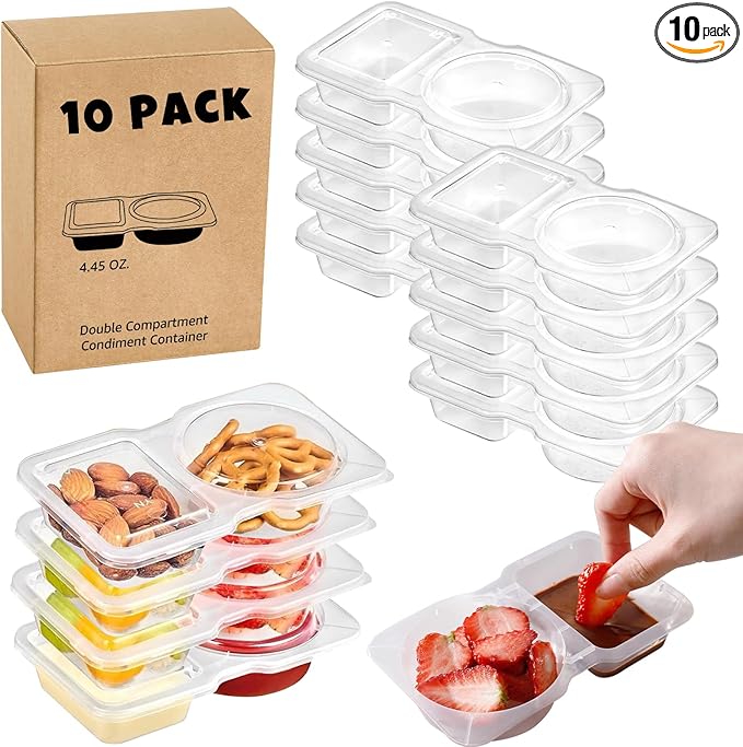 10 Sets Double Compartment Condiment Container, 2 Compartment Snack Containers, Disposable Food Containers with Lids for Sauce Snack, for Travel, Picnic