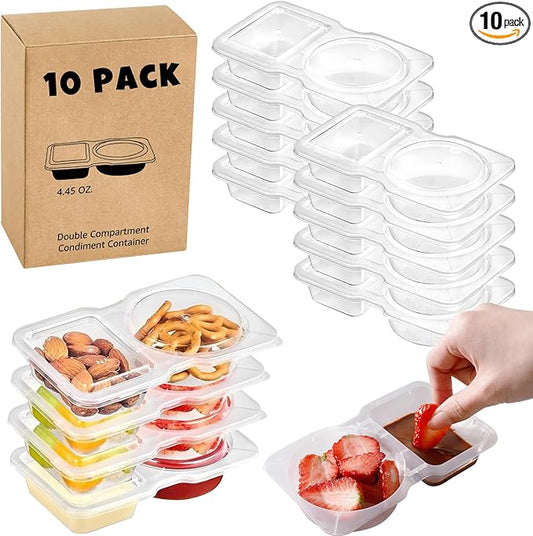 10 Sets Double Compartment Condiment Container, 2 Compartment Snack Containers, Disposable Food Containers with Lids for Sauce Snack, for Travel, Picnic