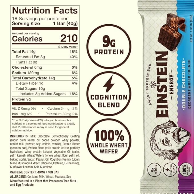 Einstein Energy Smart Snack Bars - Double Chocolate Healthy Snacks Protein, Real Milk Chocolate, Lion's Mane, Green Tea Extract, Caffeine, Citicoline, & L-Theanine, 100% Whole Wheat Wafer - 18 ct